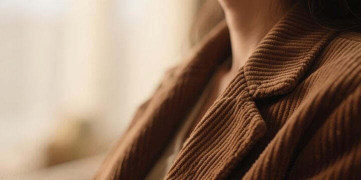 Close up of person wearing a brown corduroy jacket with wide wales and collar detail