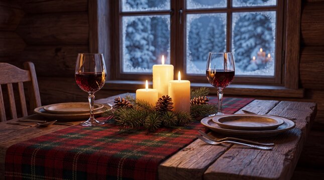 Cozy romantic winter cabin dinner table set for two with candles and red wine near frosty window