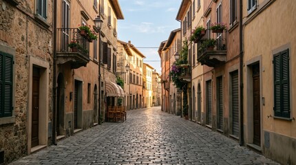 Obraz premium Charming cobblestone street in a historic Italian village with warm sunset lighting reflecting off rustic stone buildings and traditional balconies, capturing a serene and timeless Mediterranean