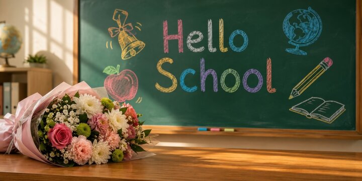 Back to School concept with a colorful flower bouquet in front of a classroom chalkboard. Beginning of a new academic year and education