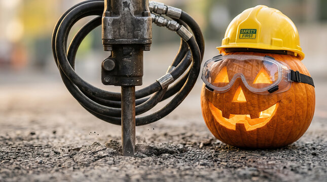 Jack o lantern with safety helmet and goggles next to jackhammer breaking asphalt on construction site, creative Halloween concept with glowing face and protective gear