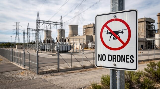 No Drones warning sign at a secured power plant, restricted airspace, industrial facility, drone prohibition, infrastructure security, surveillance, safety and aerial photography restrictions