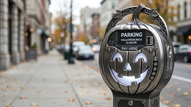 Parking meter shaped like jack o lantern with Halloween decorations and smiling face, set on city street with autumn leaves and blurred buildings in background