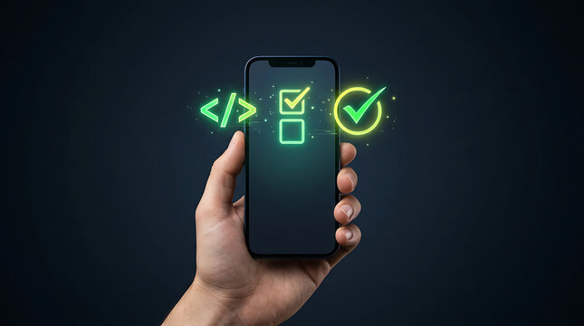 Hand holding smartphone with software development coding and task completion icons