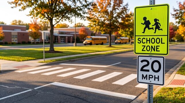 School Zone road sign and pedestrian crossing near an elementary school in autumn, child safety, traffic awareness, and pedestrian safety concept
