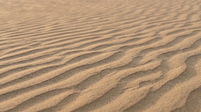Natural windblown sand dune patterns with rhythmic ripples and golden desert textures under soft daylight, minimalist earth tone background providing ample copy space for travel and nature concepts