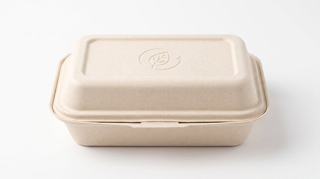 Eco-friendly biodegradable food container on white background, sustainable pulp paper takeout box, compostable lunch packaging for catering