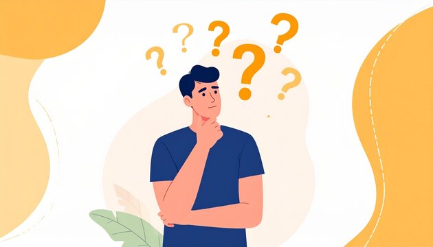Puzzled man surrounded by question marks, flat vector illustration