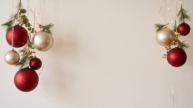 Festive christmas background featuring hanging red and gold ornaments with copy space for holiday greeting cards