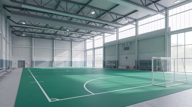 Modern indoor sports arena featuring green court surface and large glass windows for natural