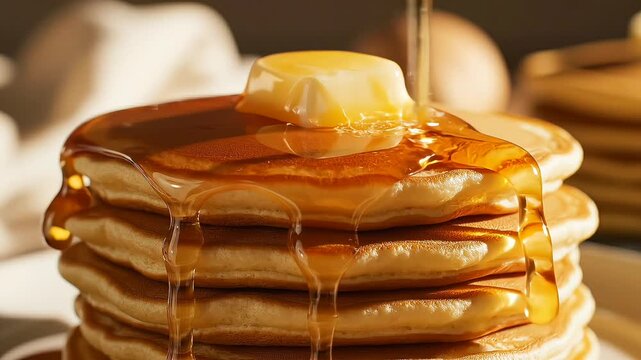 "Extreme macro slow-motion video of delicious amber maple syrup pouring over a stack of fluffy breakfast pancakes with melting butter in warm morning sunlight.