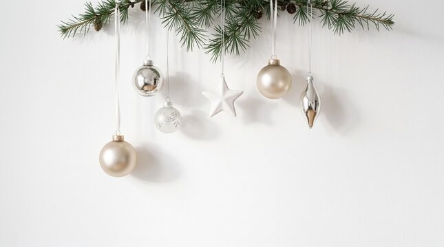 Elegant christmas ornaments and pine branch hanging against a clean white wall