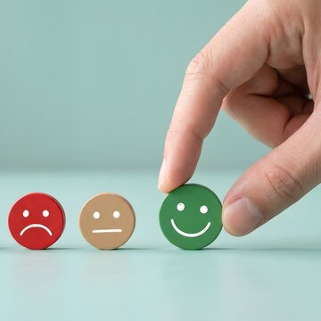 Hand selecting green happy face icon from neutral and sad emotions in row