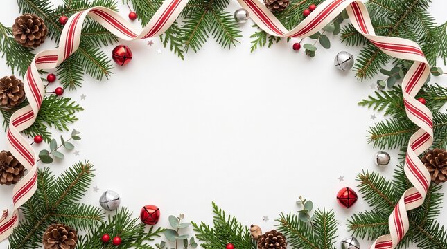 Festive christmas border with pine branches candy canes and red ornaments