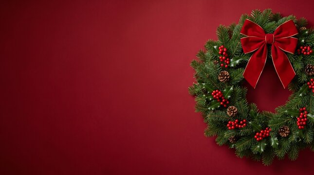 Festive christmas wreath with red ribbon and berries against a deep red background