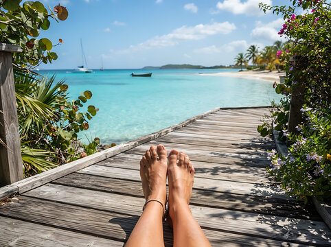Person relaxing on a wooden pier overlooking a tropical beach with turquoise water and boats.