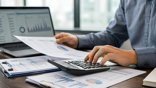 Business professional reviewing financial performance data and charts at a modern corporate workspace.