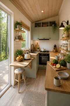 Cozy minimalist tiny house kitchen with natural wood cabinetry, fresh vegetables, indoor plants and forest views through a large window for serene living