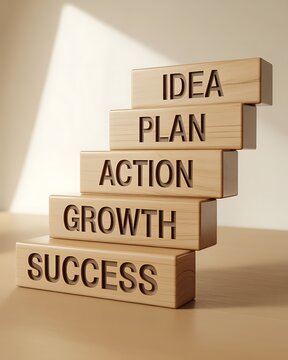 Wooden blocks arranged in a staircase shape with words like success growth action plan idea