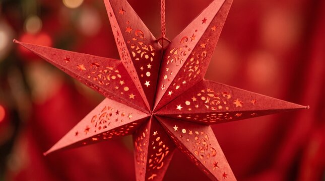 Close up of a vibrant red moravian star christmas ornament with a blurred background
