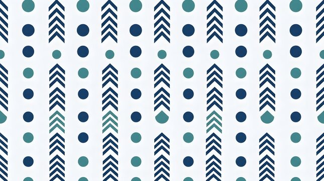 Abstract seamless geometric pattern featuring repeating navy and teal chevron arrows with circular dots on a clean white background. Modern decorative design suitable for wallpaper, textile, packaging