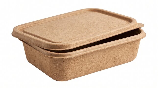 Eco-friendly biodegradable food container with lid, sustainable brown paper pulp takeaway box, compostable disposable meal prep packaging on white