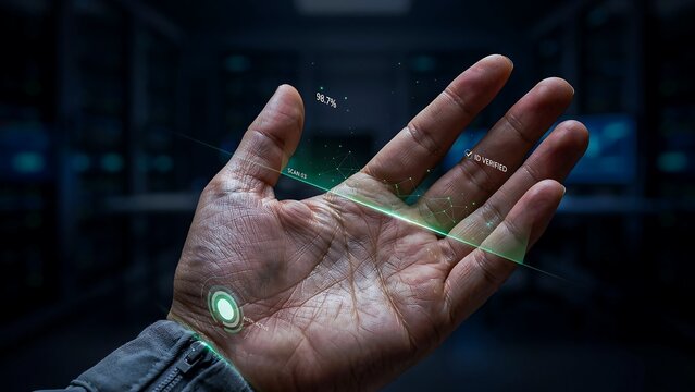 Hand displaying holographic digital technology interface with glowing data visualization