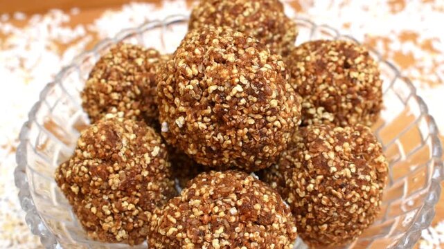 Homemade Ramdana Gur Laddu, a traditional vrat or fasting sweet made with puffed amaranth and jaggery 