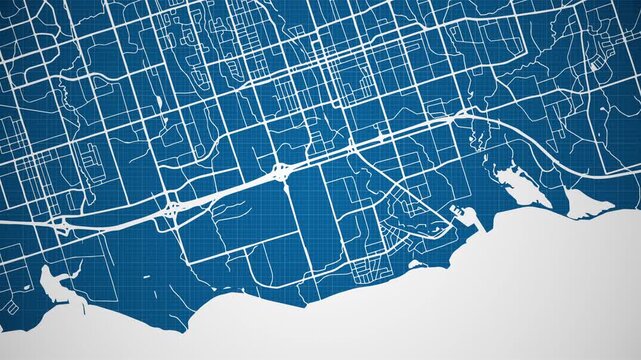 Ink reveal animation of Oshawa city, Ontario (ON), Canada grid map. Aerial top view. Blueprint style. White lines with blue background. 4K Seamless loop.