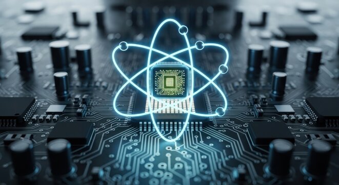 Quantum Computing Chip with Atomic Symbol Overlay on Circuit Board.