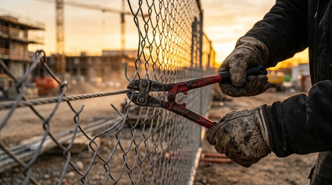 Close-up of a construction worker using bolt cutters to cut through a chain-link fence at a building site