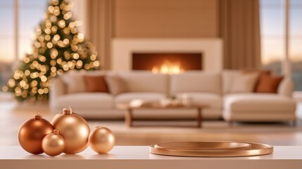 Obraz premium Cozy living room scene with golden Christmas ornaments and fireplace glow
