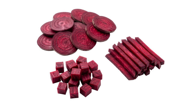 Fresh Beetroot Pieces Sliced, Diced, and Cut into Sticks Isolated on White Background