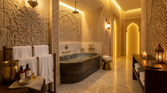Luxury Moroccan Spa Bathroom with Bathtub and Ornate Carvings