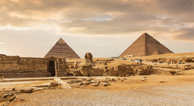Ancient Great Sphinx and Pyramids Landscape in Giza Desert, Egypt