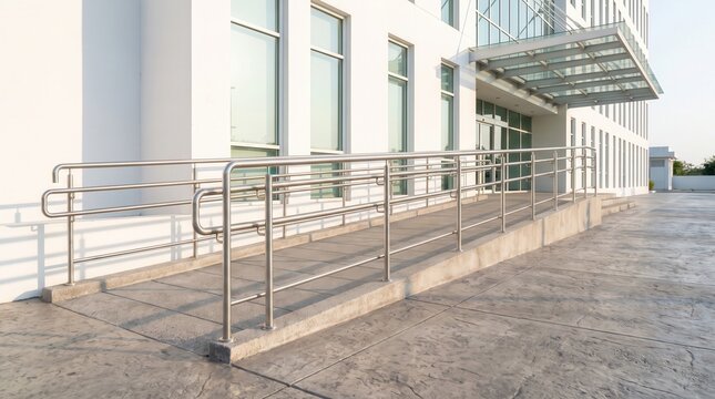 Navigate building exteriors easily via a broad concrete wheelchair ramp with protective railings