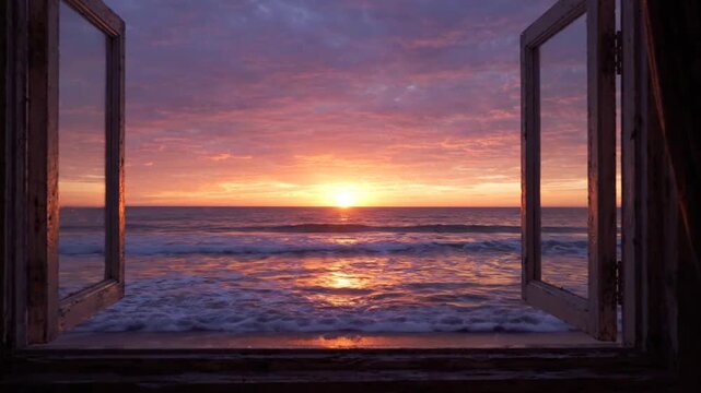 Beautiful sunset view over ocean waves seen through open window frame