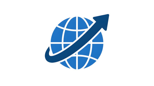Global business growth icon with globe grid and rising arrow vector illustration for international trade technology and connectivity concept