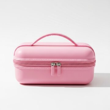 Pink Hard Shell Makeup Train Case with Zipper and Handle.