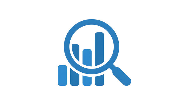 Magnifying glass with bar chart icon representing data analysis, business statistics, market research, and financial audit vector illustration