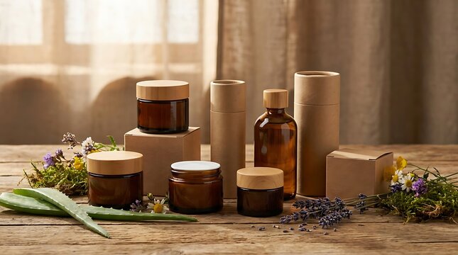 Natural organic skincare jars and bottles with wooden lids on a rustic wooden table with fresh plants. skincare package offers