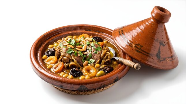 A high-angle shot of a traditional Moroccan lamb tagine stew with dried fruits and spices served in an open earthenware clay pot on a clean white background.