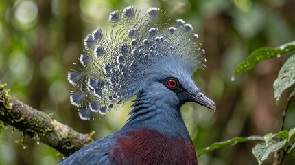 Obraz premium Victoria Crowned Pigeon Majestic Display: A stunning Victoria crowned pigeon, adorned with a delicate, fan-like crest of feathers and striking red eyes.