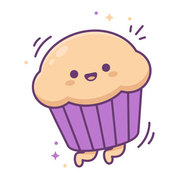 Jumping muffin character in purple cup with joyful expression for bakery marketing and food stickers.