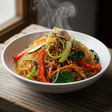 Bowl of Japchae Glass Noodles on Rustic Stall
