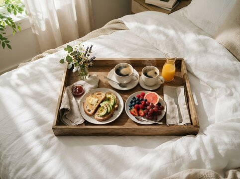 A wooden breakfast tray with avocado toast fresh berries and orange juice served on a cozy white bed in a bright sunny bedroom