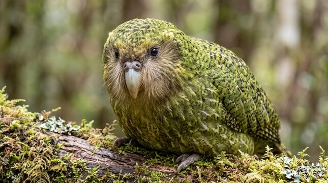 Kakapo Parrot Resting on Mossy Branch: A plump, green Kakapo parrot, a flightless native of New Zealand, rests on a moss-covered tree branch in a forest setting.