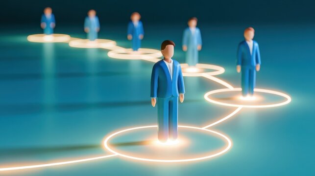 Glowing onboarding path guiding human icons through illuminated steps
