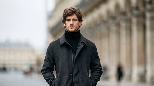 Un hombre posa para una colecci&oacute;n de ropa de oto&ntilde;o Un hombre posa para una colecci&oacute;n de ropa de oto&ntilde;o con un conjunto negro en la calle