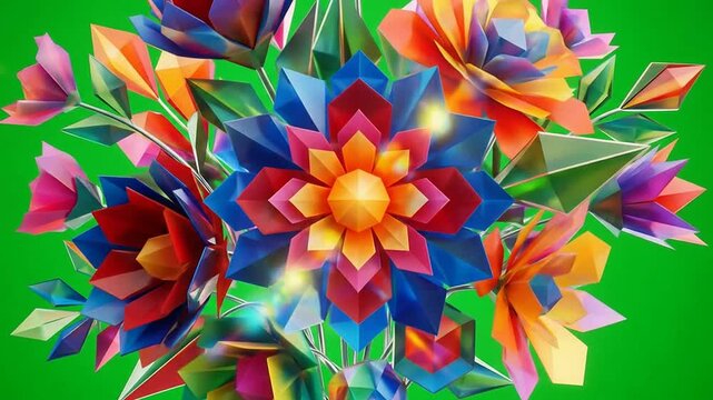 Colorful Origami Paper Flowers Bouquet on Green Background